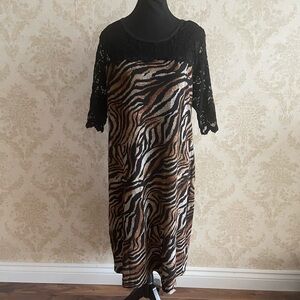 NWOT Karen Kane Zebra Print Midi Dress with Black Lace